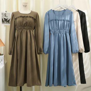 Puff-sleeve Ruffle-trim Midi Dress