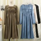 Puff-sleeve Ruffle-trim Midi Dress