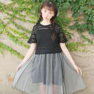 Set: Striped Short-sleeve Top + Mesh Strappy Dress