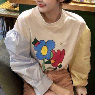 Color Block Panel Print T-shirt Light Blue & White & Light Yellow - One Size