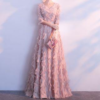 Elbow-sleeve Fringed Trim Sheath Evening Gown