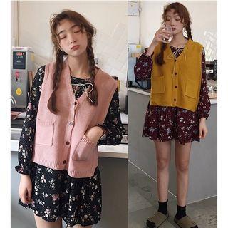 Floral Print Long-sleeve A-line Dress / Buttoned Vest