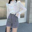 Ruffle Double-breasted Long-sleeve Shirt / High-waist Houndstooth Shorts