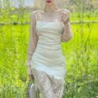 Spaghetti-strap Lace Panel Sheath Dress / Knit Shrug