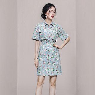 Set: Short-sleeve Floral Shirt + Mini A-line Skirt