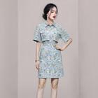 Set: Short-sleeve Floral Shirt + Mini A-line Skirt