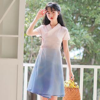 Short-sleeve Gradient Wrap A-line Dress