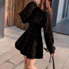 Long-sleeve Mock-neck Plaid Mini A-line Dress