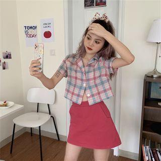 Short-sleeve Plaid Open-collar Shirt