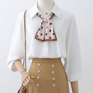 Set: Short-sleeve Plain Blouse + Dotted Neckerchief