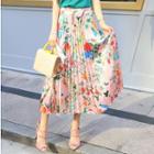 Pleated Floral Print Midi Skirt