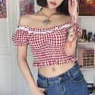 Puff Sleeve Lace-panel Plaid Ruched Cropped Top