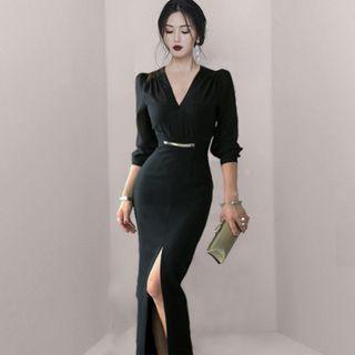 Long-sleeve V-neck Slit Maxi Sheath Dress