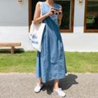 Sleeveless Shirred Denim Dress Light Blue - One Size