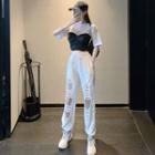Mock Two-piece Short-sleeve T-shirt / Distressed Cropped Harem Pants / Set