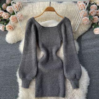 Plain Puff-sleeve Knit Dress