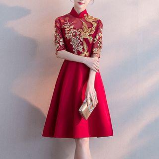 Cap-sleeve Mandarin Collar Lace Cocktail Dress
