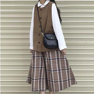 Peter Pan Collar Shirt / Vest / Plaid Midi Skirt