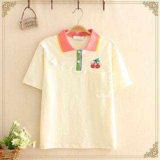 Cherry Print Color-block Polo Top As Shown In Figure - One Size