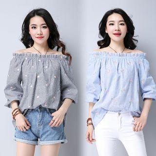 Flower Embroidered Striped Off Shoulder 3/4 Sleeve Top