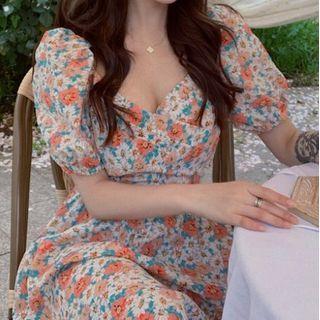 Short-sleeve Floral A-line Dress Flower - Red & White - One Size
