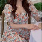 Short-sleeve Floral A-line Dress Flower - Red & White - One Size