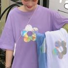 Elbow-sleeeve Holographic Flower Print T-shirt