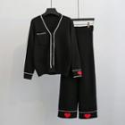 Set: Heart Print Cardigan + Wide-leg Knit Pants Set - Cardigan - Black - One Size / Knit Pants - Black - One Size