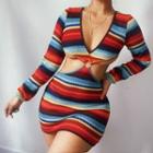 Long-sleeve Striped Cut-out Mini Sheath Dress