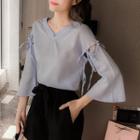 Set: V-neck Letter Embroidered 3/4-sleeve Top + High Waist Shorts