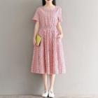 Check Short-sleeve A-line Midi Dress