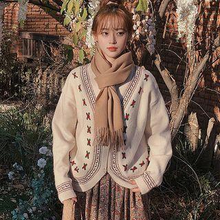 Flower Embroidered Cardigan / Flower Print Maxi A-line Skirt