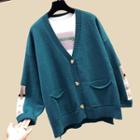 V-neck Plaid Panel Cardigan