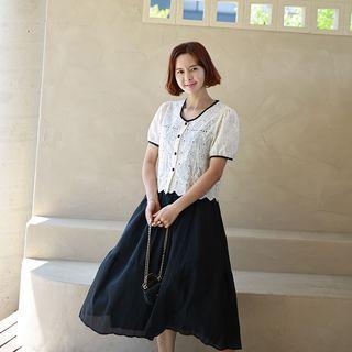 Buttoned Lace Blouse & Gathered Chiffon Skirt Set