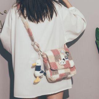 Checkered Faux Shearling Crossbody Bag / Bag Charm / Set