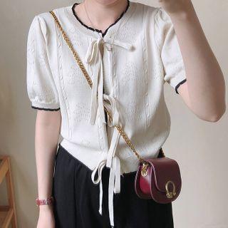 Short-sleeve Tied Knit Top Milky Almond - One Size