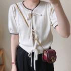 Short-sleeve Tied Knit Top Milky Almond - One Size