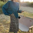 Long-sleeve Irregular Plain Sweatshirt / Leopard Pattern Skirt