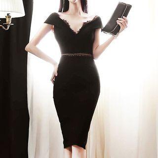 Lace Trim V-neck Cap-sleeve Sheath Dress