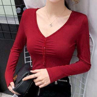 Beaded V-neck Long-sleeve T-shirt