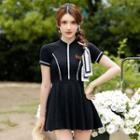 Short-sleeve Half-zip Contrast Trim Swim Dress