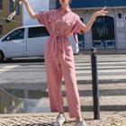 Single Breasted Tie-waist Short-sleeve Playsuit