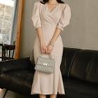 V-neck Puff Sleeve Sheath Dress