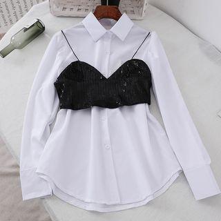 Set: Plain Shirt + Sequined Crop Cami Top