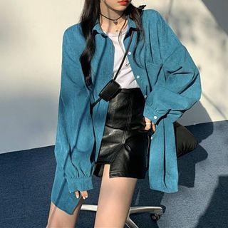 Long-sleeve Plain Shirt / Faux Leather Mini Pencil Skirt