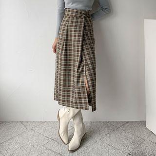 Slit-front Plaid Long Wrap Skirt