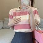 Puff-sleeve Collar Striped T-shirt Stripes - Pink & White - One Size