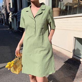 Plain Short-sleeve Button Mini A-line Dress