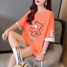 Elbow-sleeve Mock Two-piece Printed Oversized T-shirt
