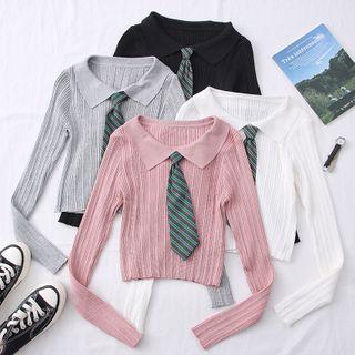 Cropped Long-sleeve Polo Top With Tie